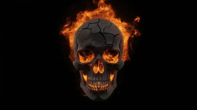Burning skull animation featuring intense glowing fire flames inside eyes and cracks on a dark isolated black background video footage