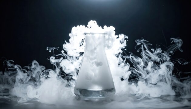Vigorously boiling liquid nitrogen in a laboratory flask creating dense white vapor plumes