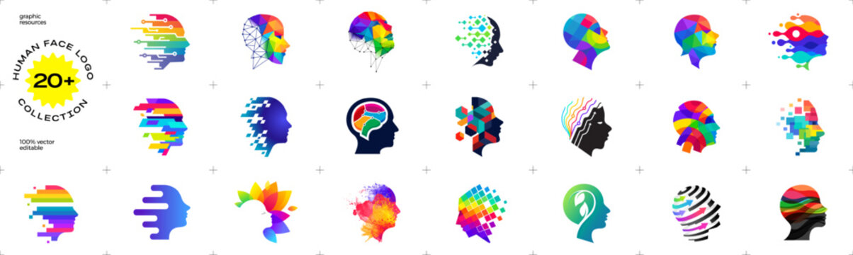 Set of abstract human head logo collection, representing artificial intelligence, creativity, innovation, and digital technology vector illustration