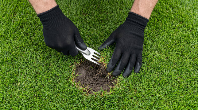 High angle view of professional groundsman hands repairing damaged grass on football stadium pitch using specialized hand tools