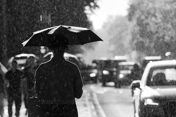 Woman with umbrella walking in heavy rain on city street, black and white street photography © Daria
