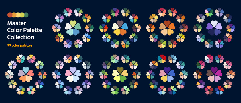 Neutral and pastel, cool and warm hue tone colors harmony palette swatches. Color palette of colours mix scheme with luxury modern bright range organization and colors gradient wheel chart guide