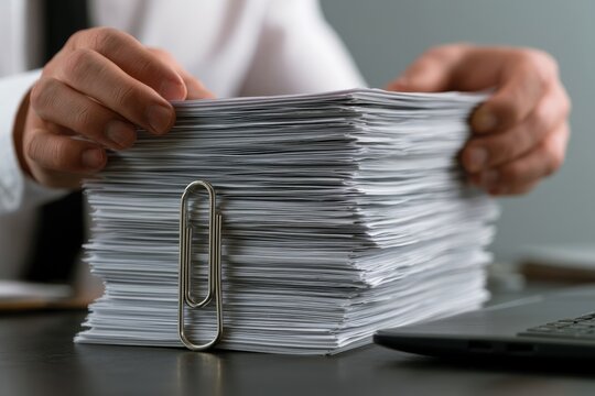 Office worker organizing tall stack of papers held by oversized metal paperclip