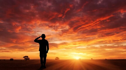 Fototapeta premium A silhouette of a soldier saluting at sunset, with a dramatic sky and a vast landscape