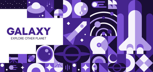 Galaxy space exploration banner with geometric universe and spaceship pattern background. Modern poster with abstract mosaic geometric pattern of space rocket shuttle, UFO spaceship and galaxy planets © Buch&Bee