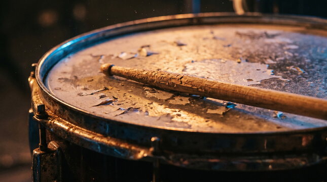 Cinematic close-up of a heavily worn wooden drumstick resting on a battered and peeling snare drumhead under dramatic stage lighting