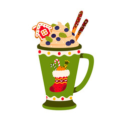 Fototapeta premium Green Christmas holiday mug, cozy festive sweet seasonal dessert for celebration filled with eggnog, creamy whipped topping, fresh blueberry, gingerbread house cookie, chocolate dipped biscuit sticks