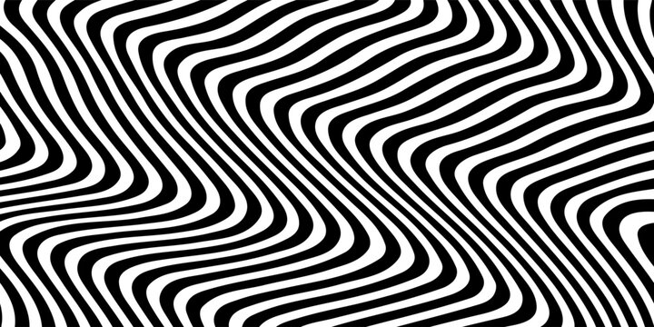 Psychedelic lines. Abstract pattern. Texture with wavy curves and stripes. Optical art background. Black and white wave design. Vector illustration.
