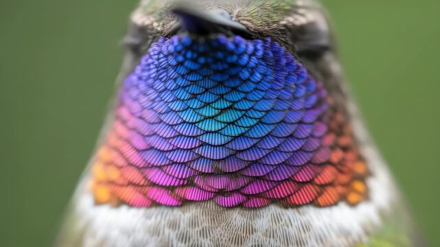 Extreme macro portrait of a vibrant hummingbird throat featuring iridescent purple blue and orange feathers captured with sharp focus in a beautiful natural outdoor garden setting