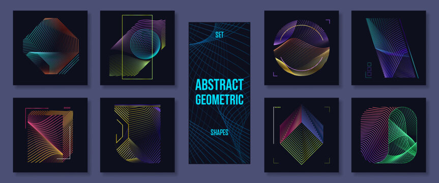 Abstract geometric posters with wireframe grid, casual artwork. 3d wireframe shapes and flowing vaporwave gradient lines. Retro modern futuristic tech figures. Linear patterns and graphic backgrounds