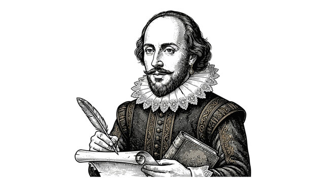 William Shakespeare writing with quill pen.