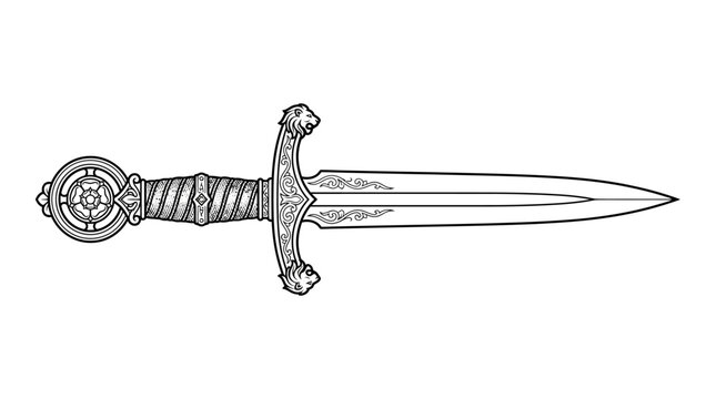 a medieval dagger with an ornate handle.