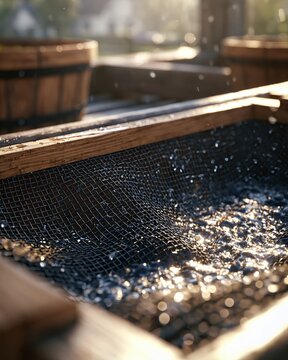 Empty Wooden Mesh Basket with Water Droplets on U-Pick Farm Workstation