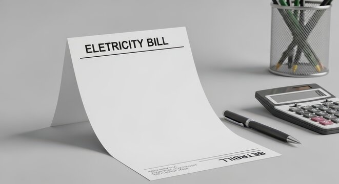 Blank electricity bill template on a desk with a pen and calculator, ready for custom data entry