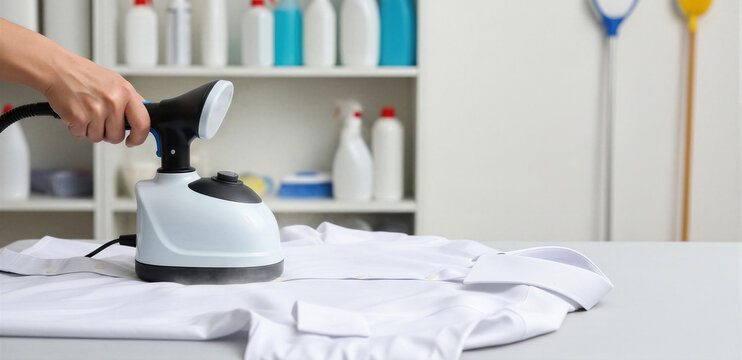 Woman using professional garment steamer to clean and iron white shirt. Dry cleaning service and professional clothing care. Maintenance of apparel in laundry facility or home. Banner with copy space