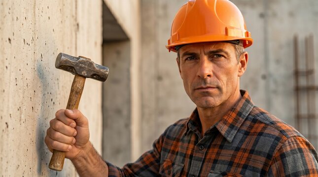 Serious construction worker in orange hard hat holding a heavy hammer against a concrete wall at a building site during a professional workday project