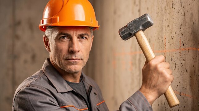 Serious construction worker wearing an orange hard hat holding a heavy sledgehammer against a concrete wall inside a building site for professional renovation