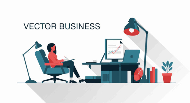 A vector graphic of a businesswoman working at her desk with a computer and paperwork