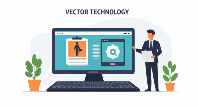 A vector illustration of a man in a business suit standing next to a large computer monitor displaying a resume and a mobile phone with a magnifying glass icon
