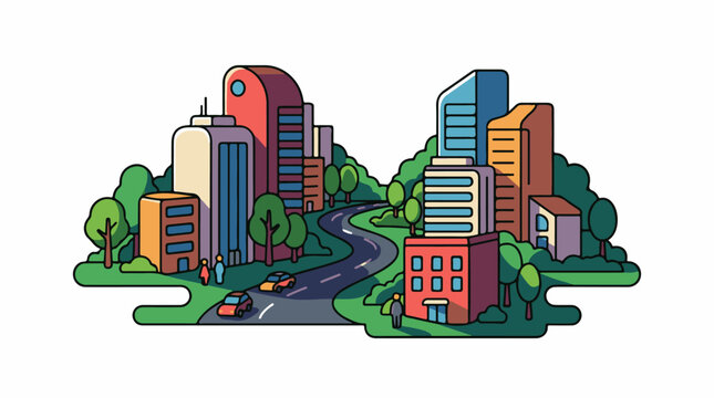 A vibrant cityscape with modern buildings, winding road, and lush greenery