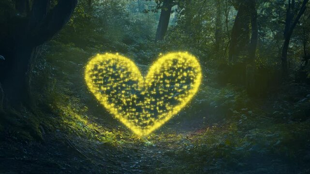 Glowing heart of fireflies in forest