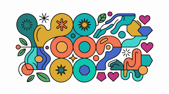 A vibrant graphic illustration featuring colorful shapes