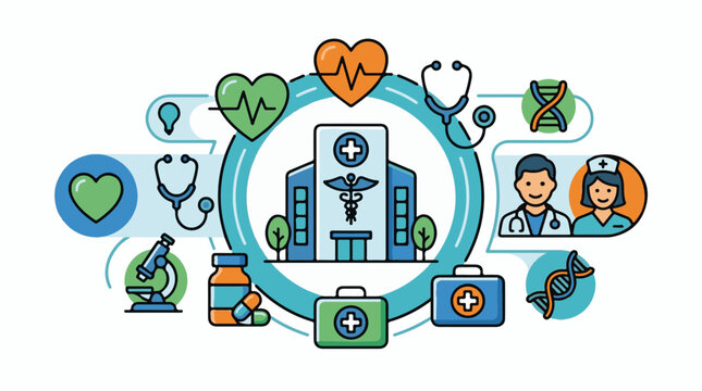 A vibrant graphic illustrating healthcare concepts with a hospital building surrounded by symbols