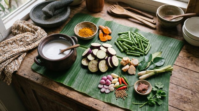 Ingredients for Indonesian Sayur Lodeh Vegetable Coconut Curry on Banana Leaf
