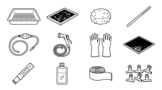 Set of black and white line art icons for darkroom film processing and photography equipment.