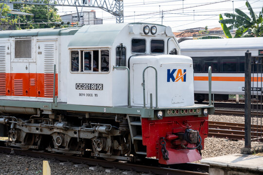 Jakarta, Indonesia - May 28, 2026: A close-up of a KAI CC201 classic diesel-electric locomotive on the railway tracks near Jatinegara Station.
