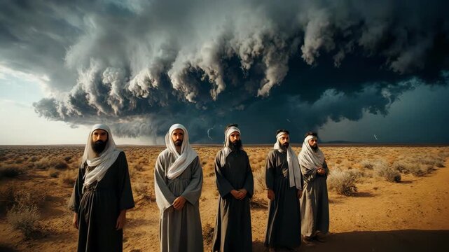 Men in biblical robes standing in the land of Goshen. Massive storm clouds looming over the Egyptian desert. Divine protection concept