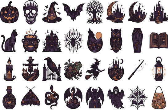 Spooky Halloween vector icons set containing skull, pumpkin, witch hat, bat, cauldron, ghost, and gothic elements