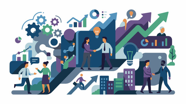 A vibrant illustration of business professionals collaborating and analyzing data