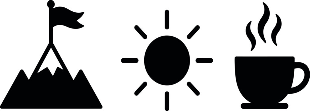 icon vacation planning solid, Minimalist mountain summit flag sun and steaming coffee cup vector icon set