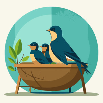 A vibrant illustration of three birds perched on a wooden bowl with a plant