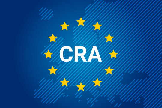 EU Cyber Resilience Act - CRA, representing European cybersecurity regulations and legal compliance over a map of Europe. vector illustration