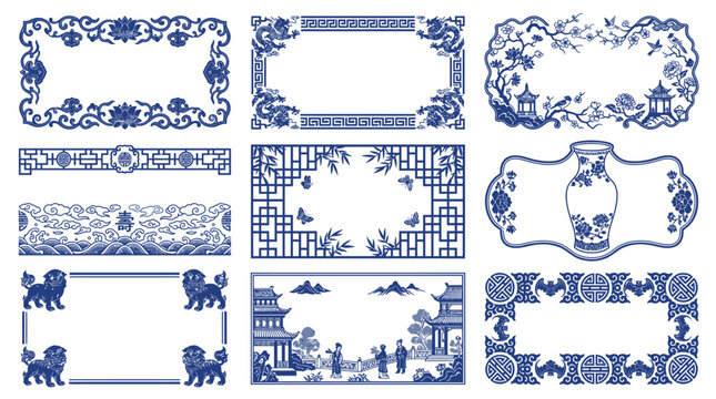 Set of decorative chinese blue and white porcelain style frames featuring traditional patterns and ornaments