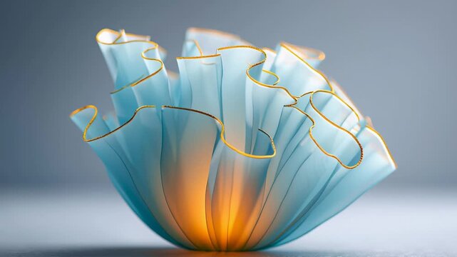 Elegant translucent sculpture with blue and orange glow in minimalist setting