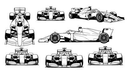 Obraz premium Formula Race Car Blueprint Vector Set with Side, Front, and Top View Orthographic Technical Drawings for Engineering Layouts, Automotive Posters, and Motorsport Designs