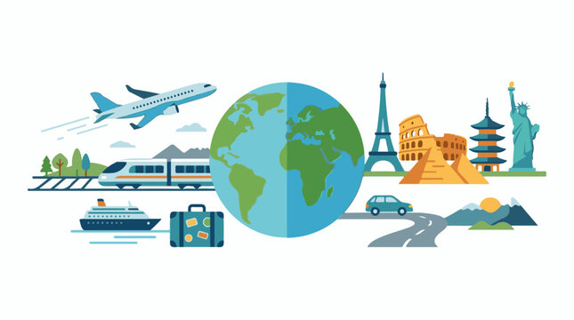 A vibrant illustration showcasing various modes of transportation and famous landmarks around a globe