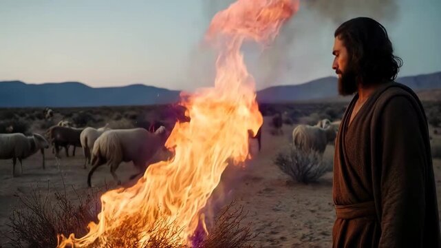Moses standing before the burning bush in the desert. Biblical miracle of the fire with sheep in the background. Prophet's encounter with the divine
