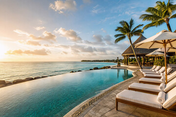 Fototapeta premium Beautiful infinity pool at luxury tropical beach resort during golden sunset
