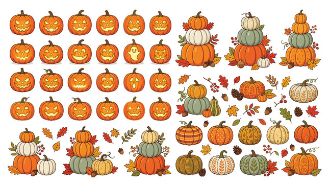 Many various hand drawn autumn pumpkins with spooky carved faces and decorative fall foliage elements