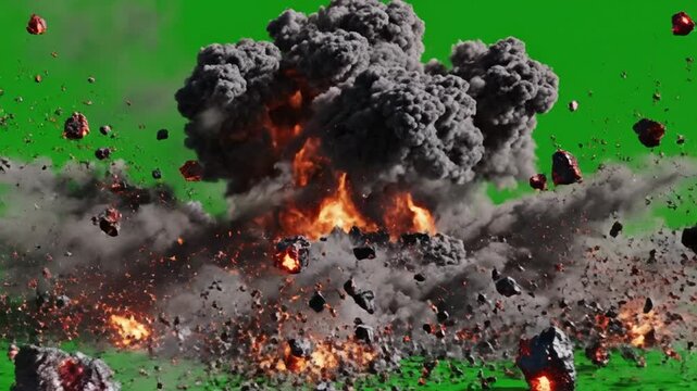 Large explosion occurs on green field with fire and smoke rising