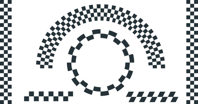 Checkered pattern brush set. Black and white curved strokes, circular borders, and angled lines vector. Racing flag curved border collection. Monochrome motorsport checkered arch and circle