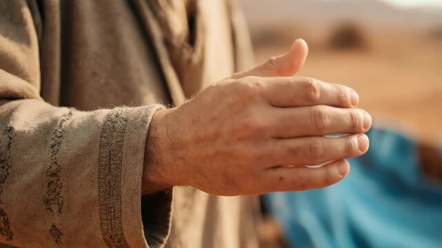 Miraculous healing of a leprous hand. Close-up of skin clearing from leprosy in a biblical setting. Divine restoration concept