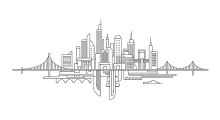 Obraz premium Minimalist outline drawing of a modern city skyline with bridges.