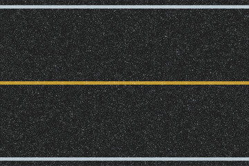 Naklejka premium Solid yellow line road texture. Top down view of two way asphalt highway with no passing zone markings. Rough grainy road.