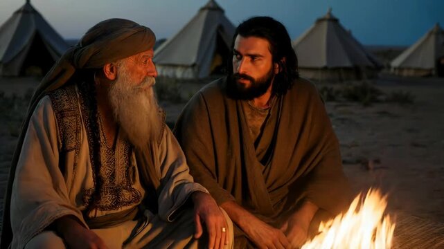Jethro giving counsel to Moses by a campfire at night. Two men in biblical robes talking in a desert camp. Wisdom and leadership concept