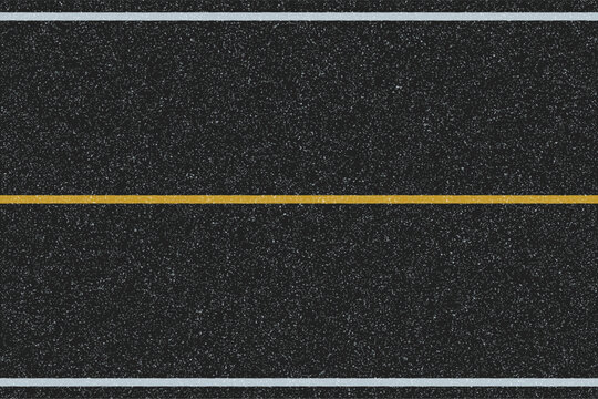 Solid yellow line road texture. Top down view of two way asphalt highway with no passing zone markings. Rough grainy road.